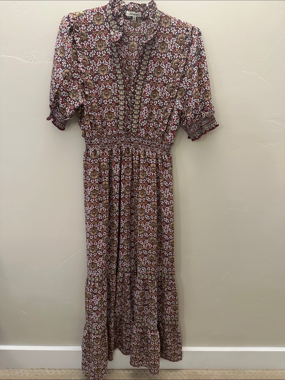 Max Studio Floral Maxi Dress in Burgundy and Tan